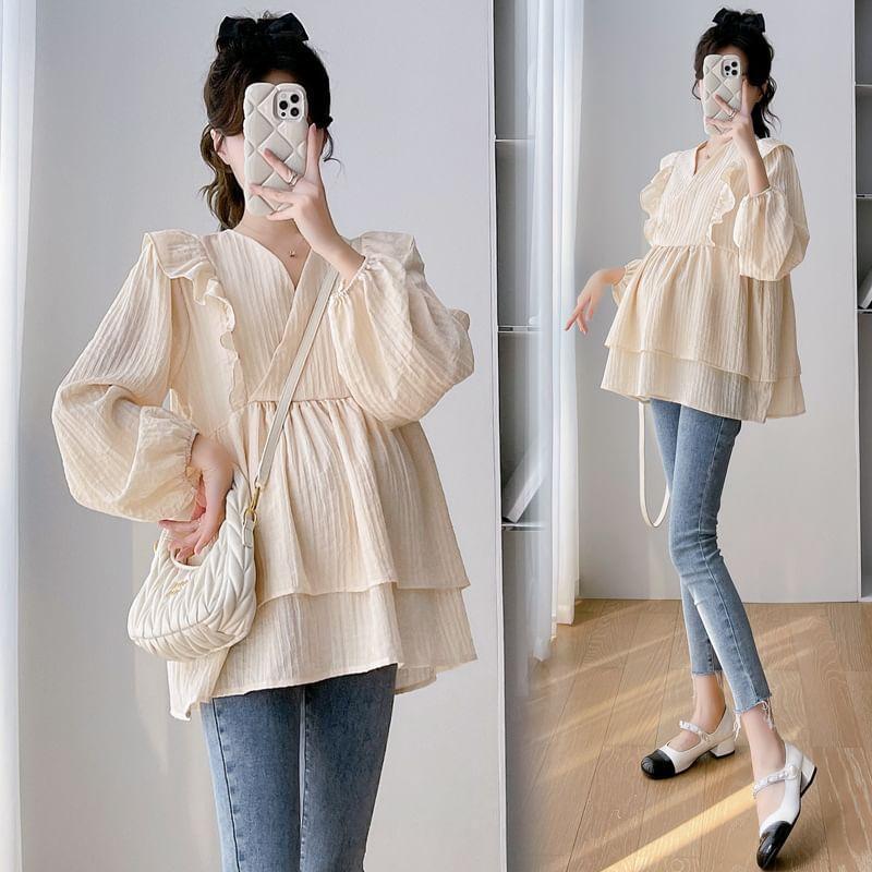 Maternity Long-Sleeve V-Neck Striped Tiered Blouse Product Image