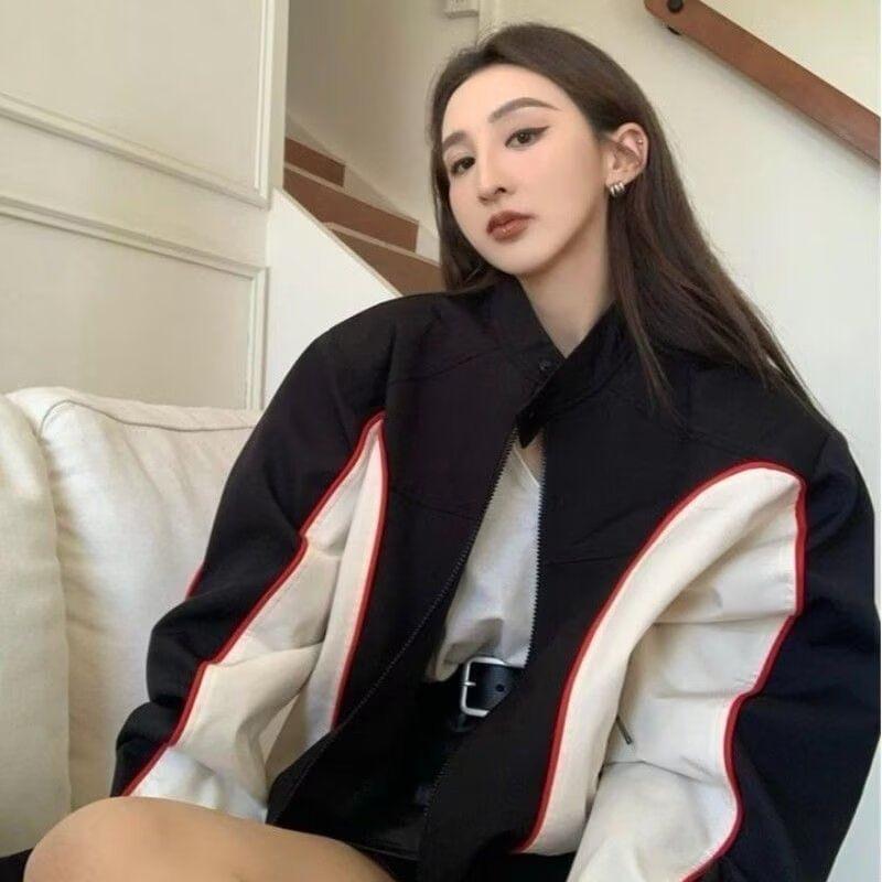 Stand Collar Two Tone Zip Bomber Jacket Product Image