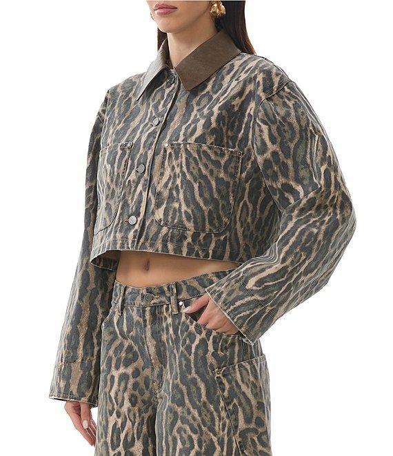 AFRM Wrenley Leopard Print Canvas Contrast Point Collar Long Sleeve Oversize Boxy Crop Jacket Product Image