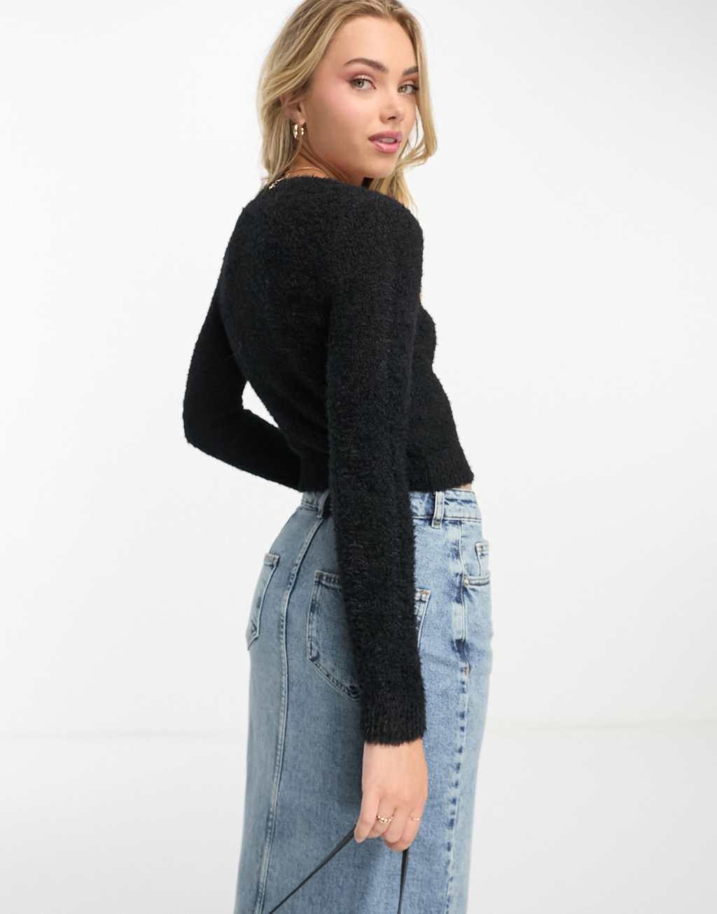 Monki fluffy knit cropped long sleeve top Product Image