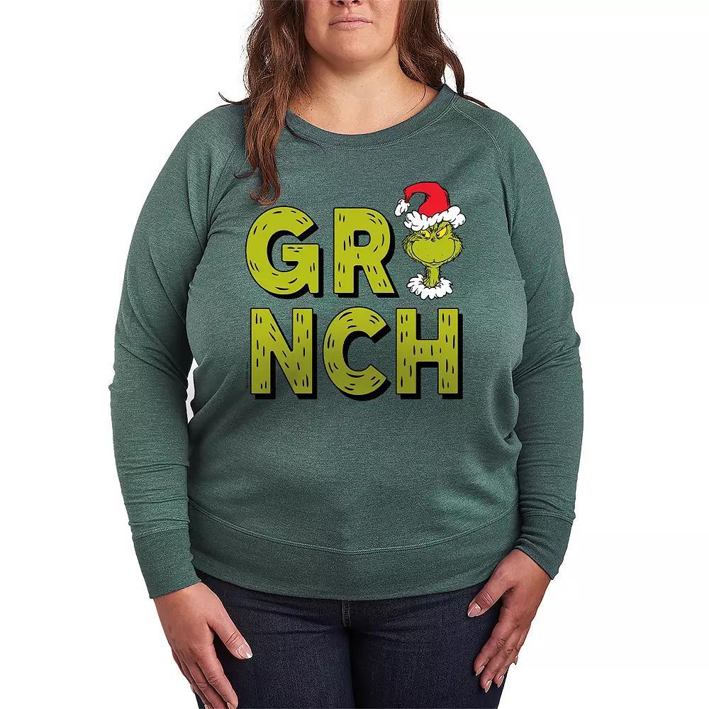 Plus Size Dr. Seuss Grinch Fur Letters French Terry Long Sleeve Tee, Womens Grey Green Product Image