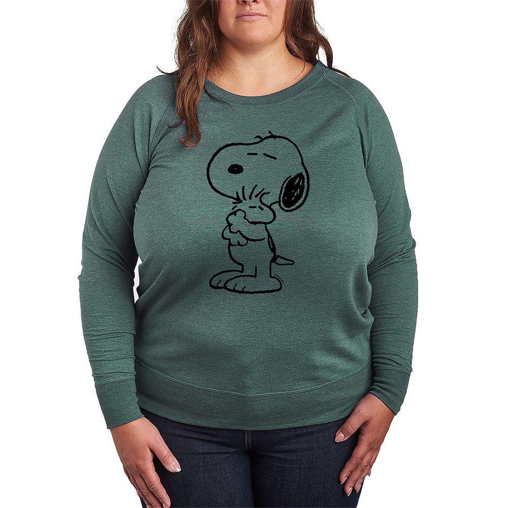 Plus Size Peanuts Snoopy Loves Woodstock French Terry Long Sleeve Tee, Womens Grey Green Product Image