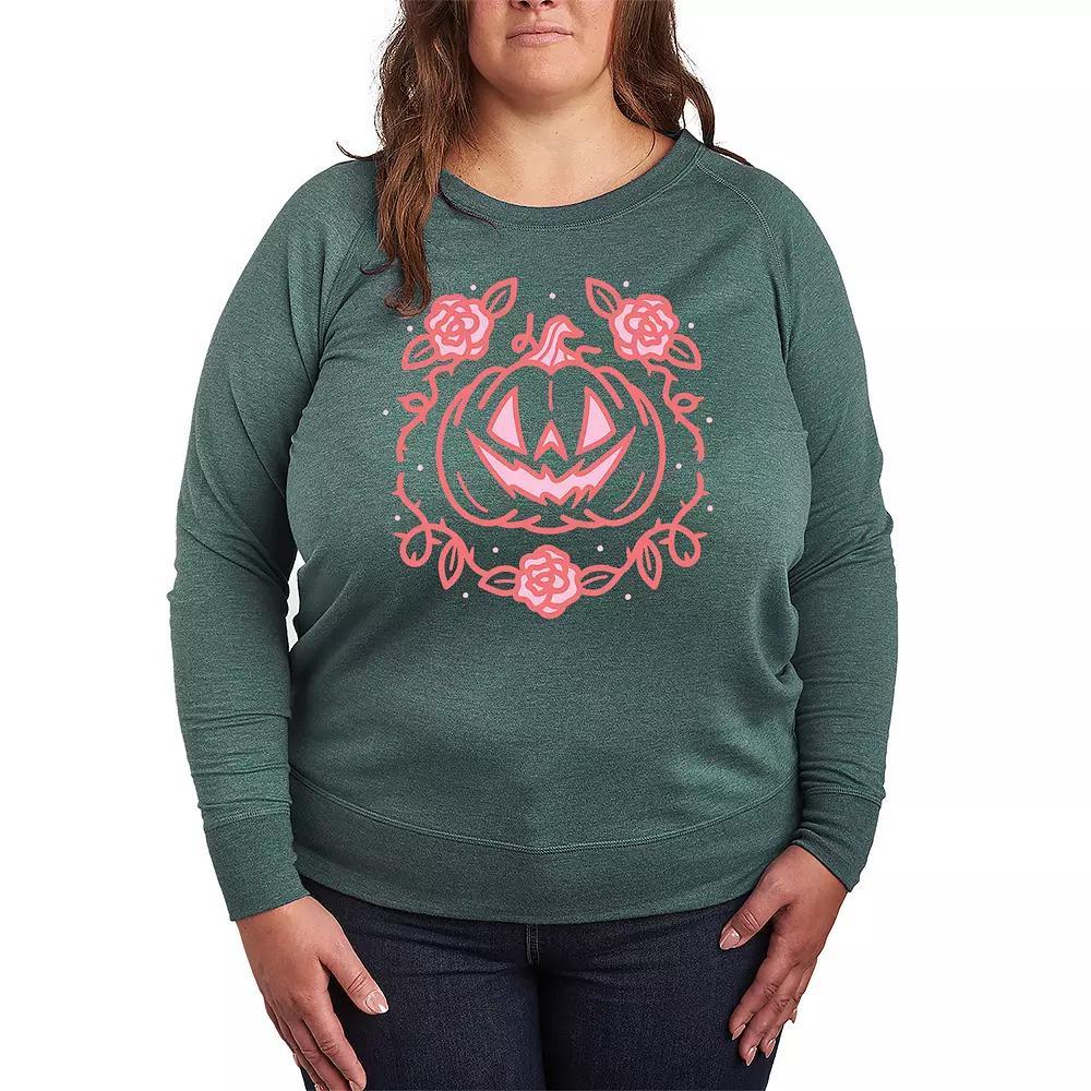 Plus Size Witch Cat With Pumpkin French Terry Long Sleeve Tee, Womens Grey Green Product Image