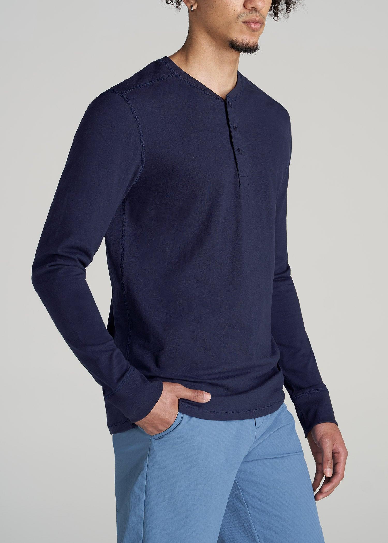 Men's Tall Three Button Long Sleeve Slub Henley in Navy Male Product Image