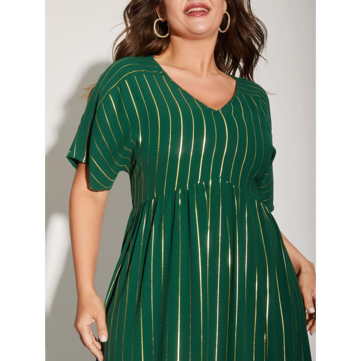Plus Size Gold Shimmery Stripes Pockets Midi Dress DarkGreen Women V-neck Short sleeve Curvy BloomChic 30/6X Product Image