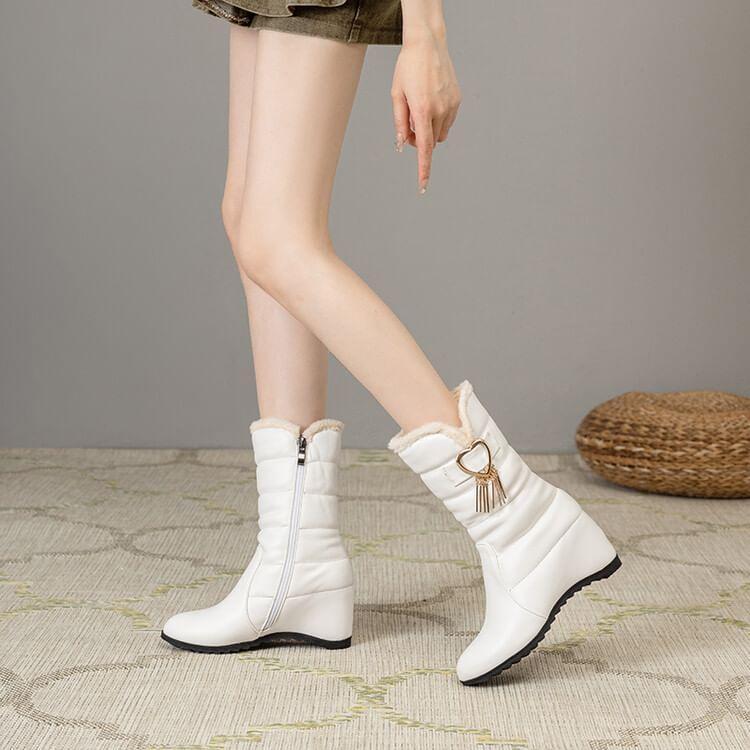 Fluffy Trim Heart Buckled Wedge Mid-Calf Boots Product Image