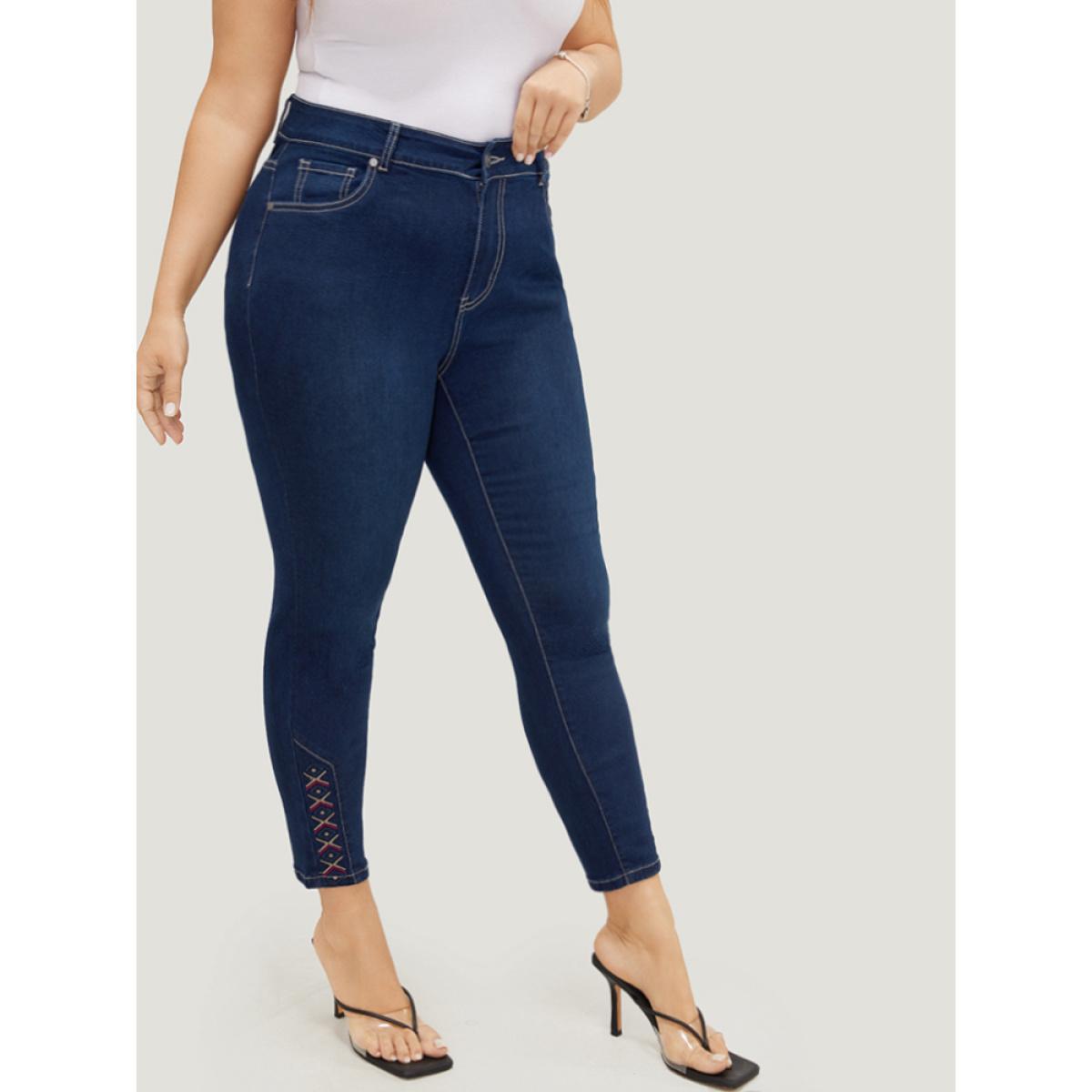 Plus Size Very Stretchy High Rise Dark Wash Geometric Embroidered Jeans Women Indigo Casual Plain Embroidered High stretch Pocket Jeans BloomChic 12/L Product Image