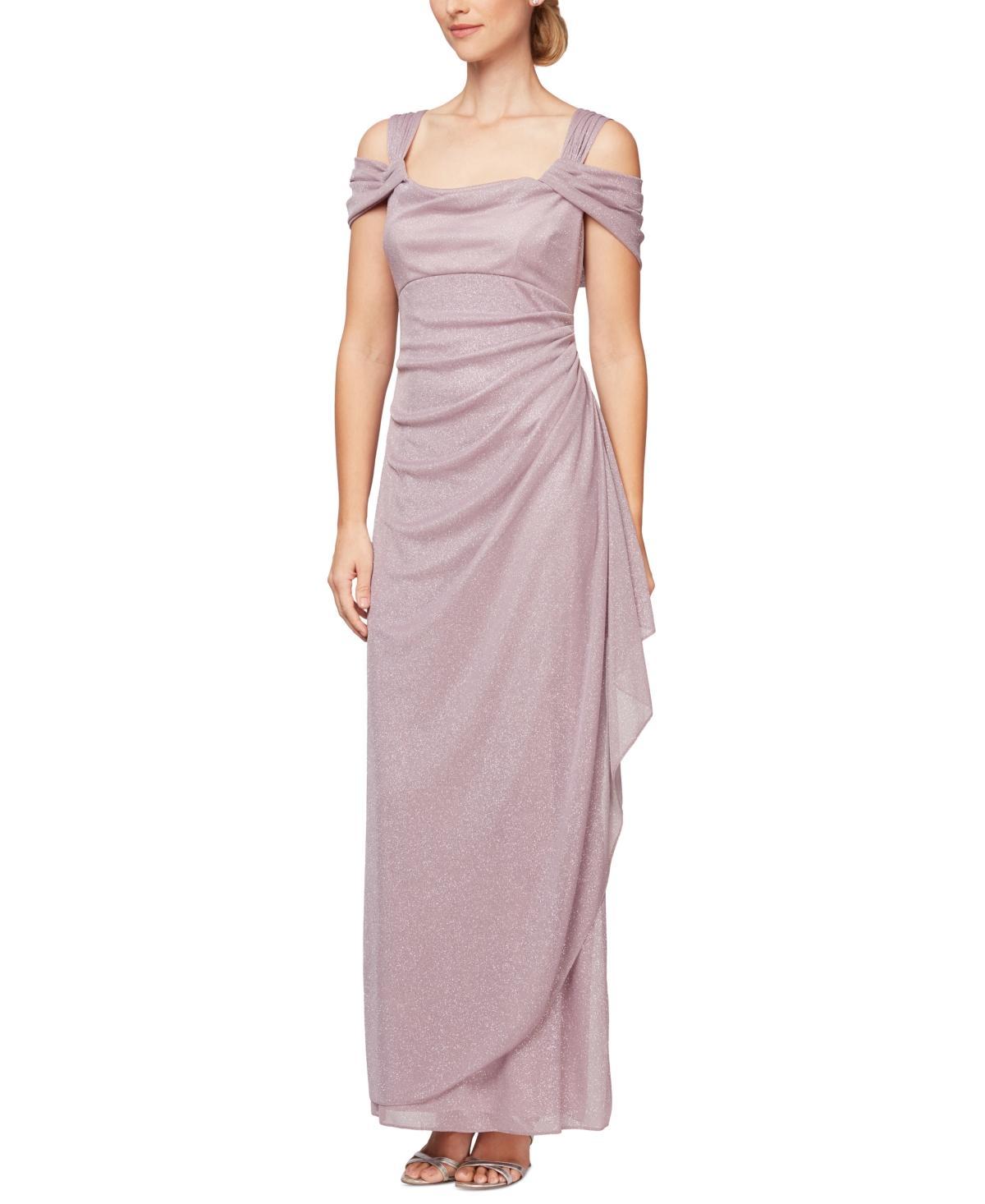 Alex Evenings Glitter Mesh Cowl Neck Cold Shoulder Cap Sleeve Side Slit Ruched Gown Product Image