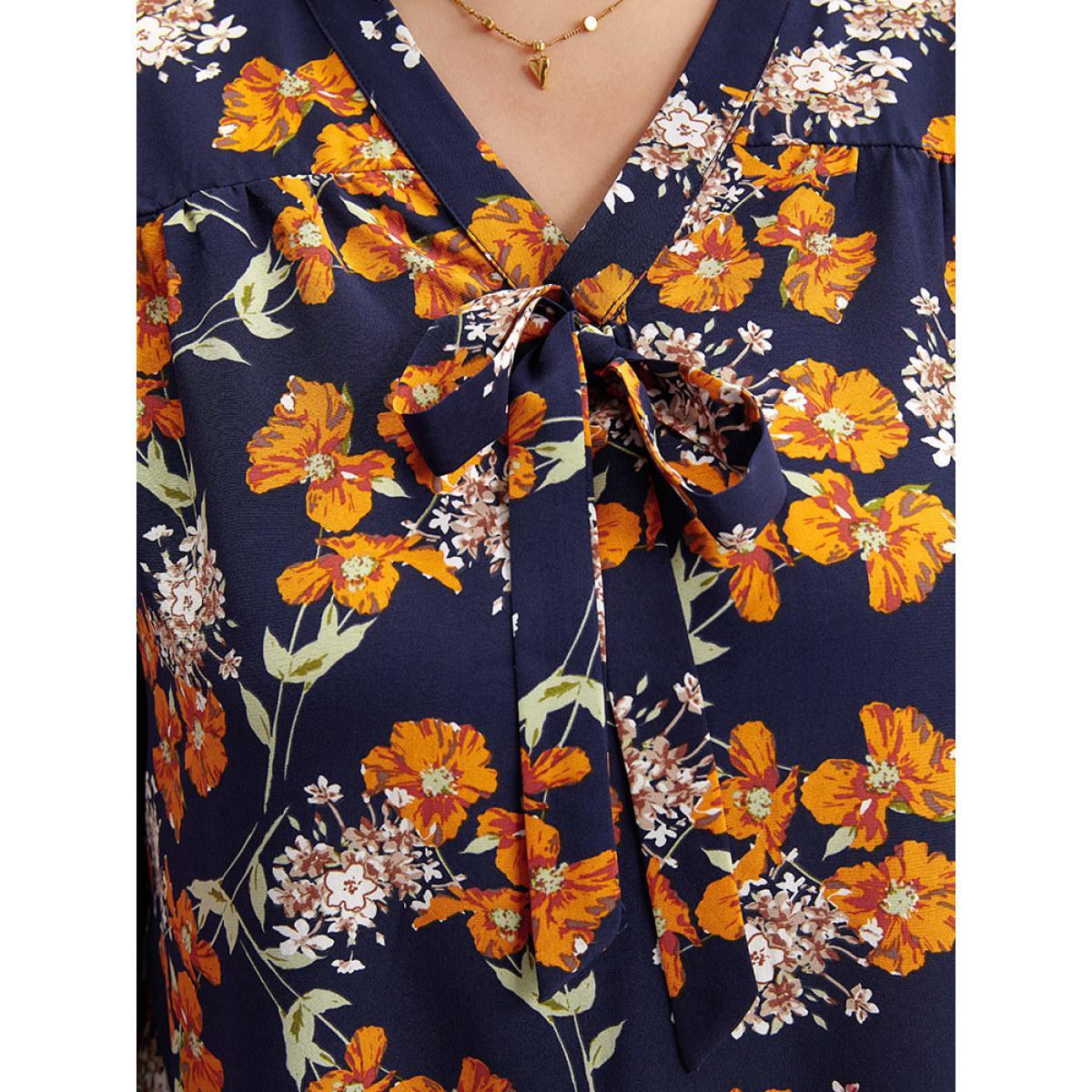 Plus Size Indigo Floral Print Bowknot Ties Lantern Sleeve Blouse Women Elegant Long Sleeve V-neck Dailywear Blouses BloomChic 18-20/2X Product Image