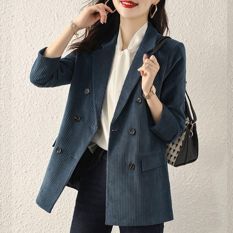 Lapel Collared Corduroy Double-Breasted Long Blazer Product Image
