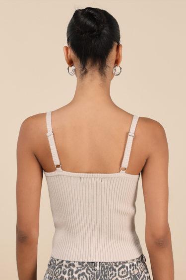 Melika Beige Ribbed Knotted Crop Tank Top Product Image