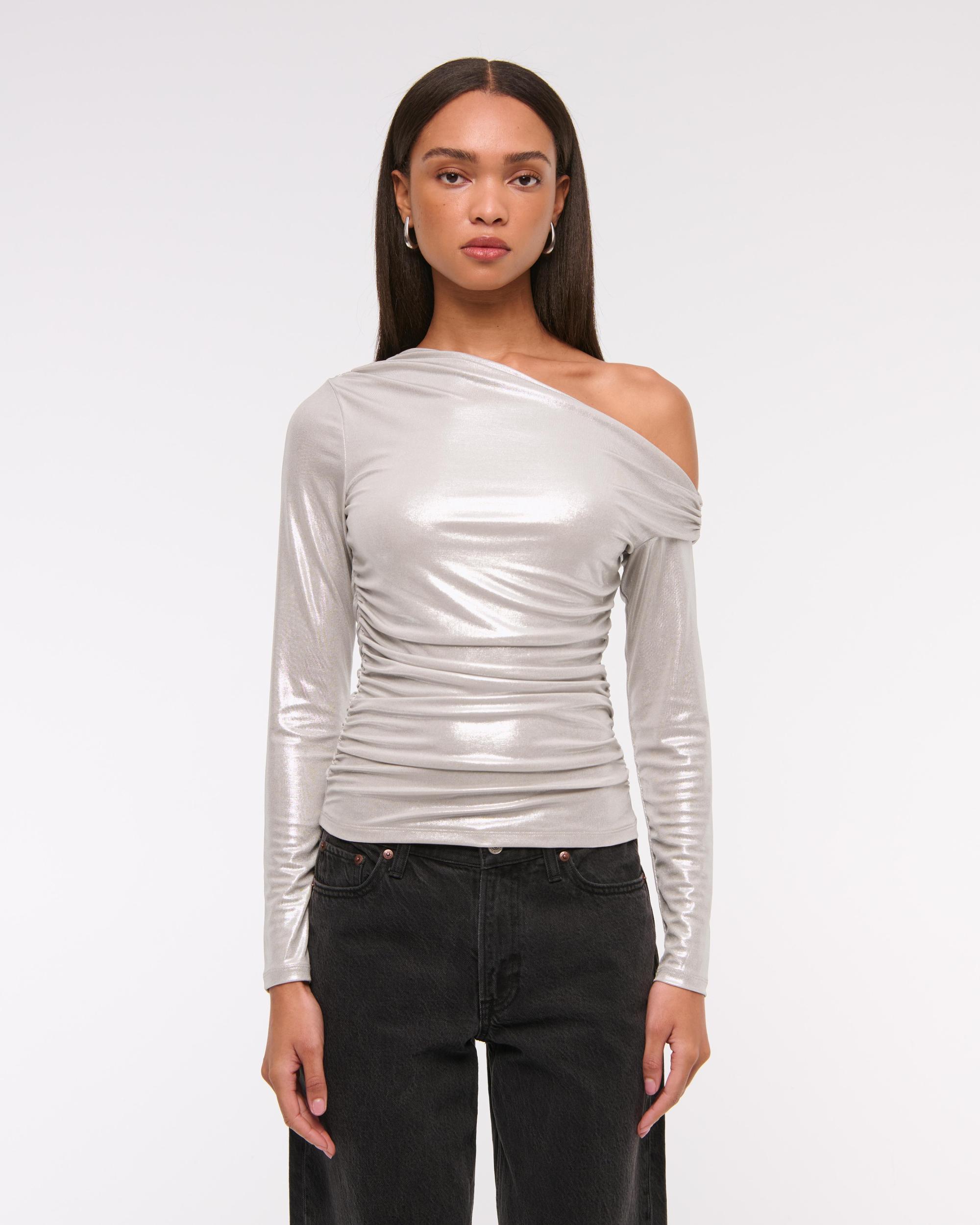 Long-Sleeve Velvet Asymmetrical Draped Top Product Image