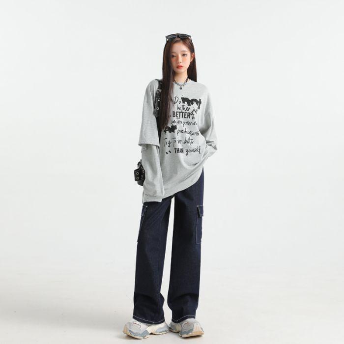 High Waist Unwashed Loose Fit Cargo Jeans Product Image