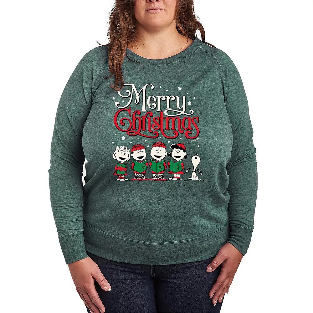 Womens Peanuts Merry Christmas Carols French Terry Long Sleeve Tee Grey Green Product Image
