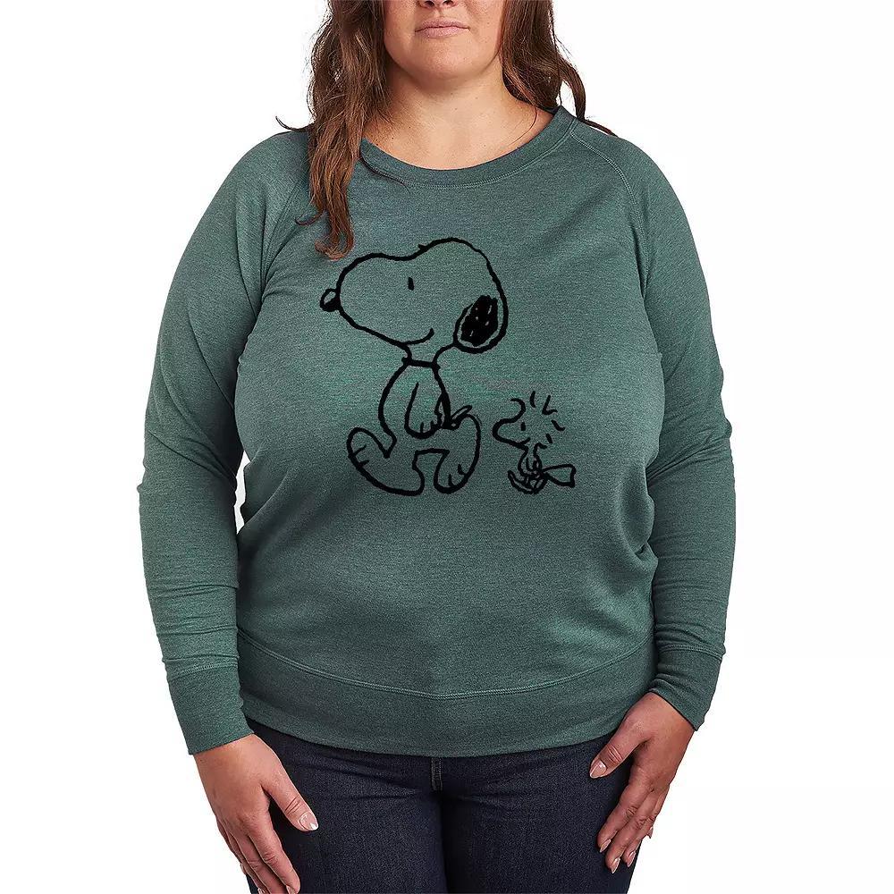 Plus Size Peanuts Snoopy & Woodstock Walk French Terry Long Sleeve Tee, Womens Grey Green Product Image