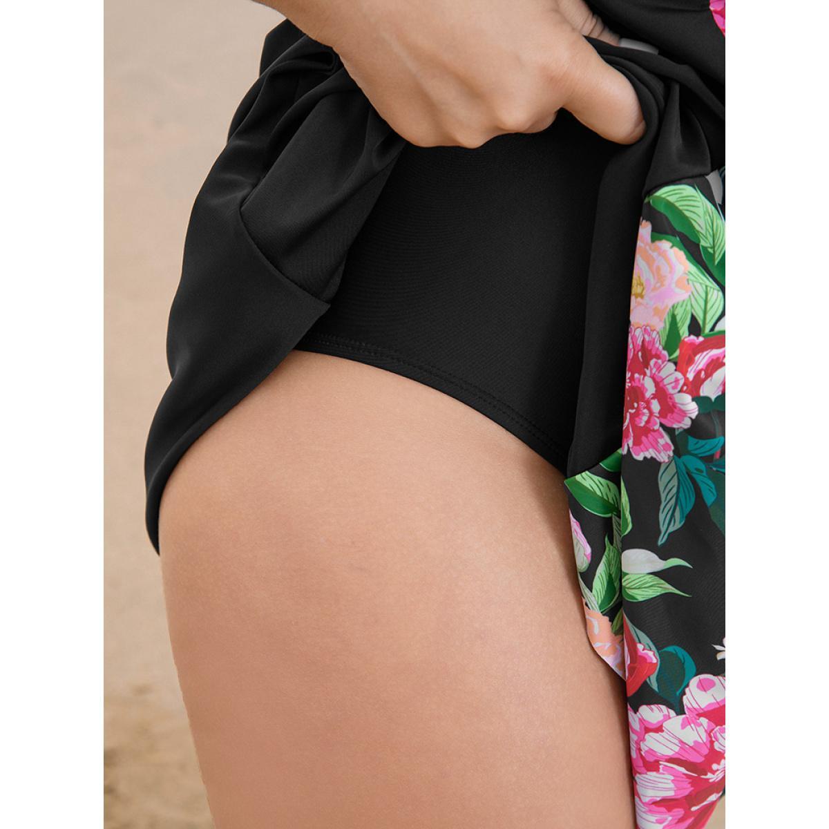 Plus Size Floral Patchwork Ruffle Knotted Swim Dress Women's Swimwear BlackFlower Vacation Bodycon V-neck High stretch Curve Swim Dresses BloomChic 18-20/2X Product Image