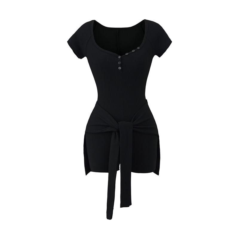 Set: Short-Sleeve V-Neck Plain Romper + Decorative Hem Product Image