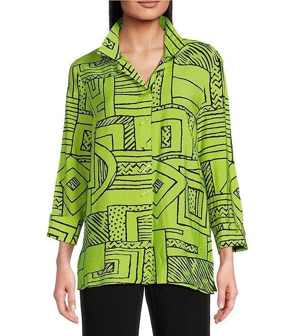 Ali Miles Printed Wire Collar 3/4 Sleeve Button Front Side Slit Tunic Product Image