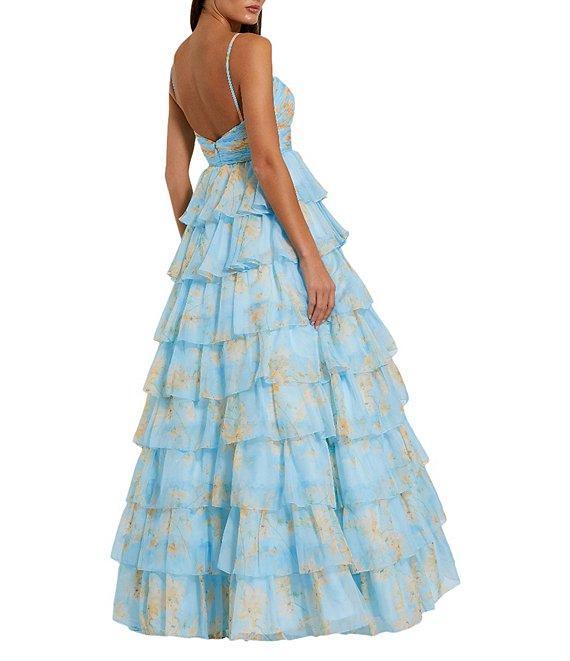 Mac Duggal Floral Print Sweetheart Neck Spaghetti Strap Sleeveless Cut Out Open Back Detail Ruffle Tiered Ball Gown Product Image