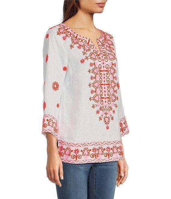 John Mark Embroidered Split V-Neck 3/4 Sleeve Hi-Low Hem Tunic Product Image