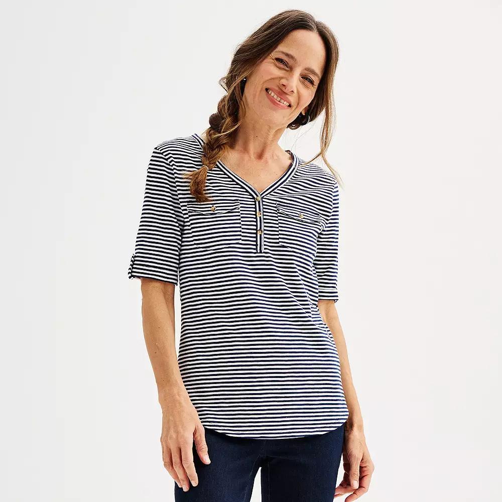 Petite Croft & Barrow® Elbow Sleeve Utility Henley Top, Women's, Size: Small Petite, Bright White Product Image