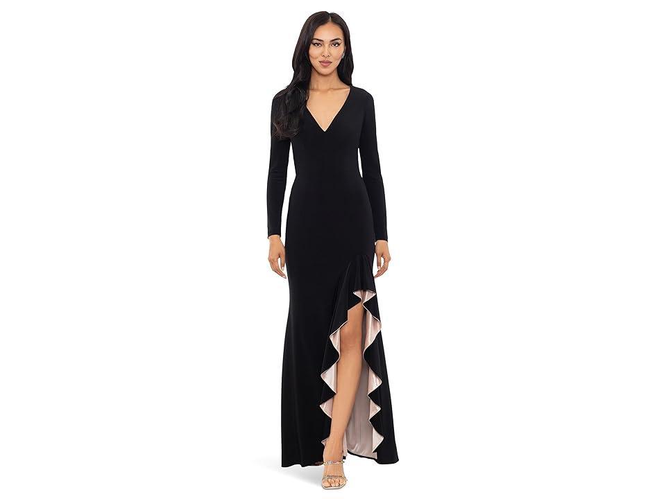 Xscape Womens Long-Sleeve Draped Contrast-Slit Dress - Black Product Image