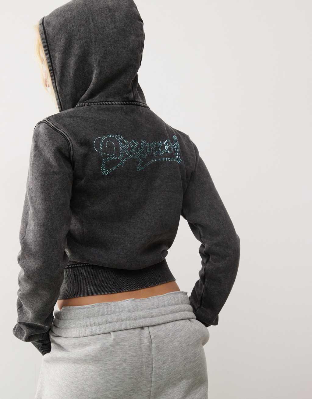 Cheap Monday zip front hoodie with rhinestone skull graphic in acid washed black Product Image