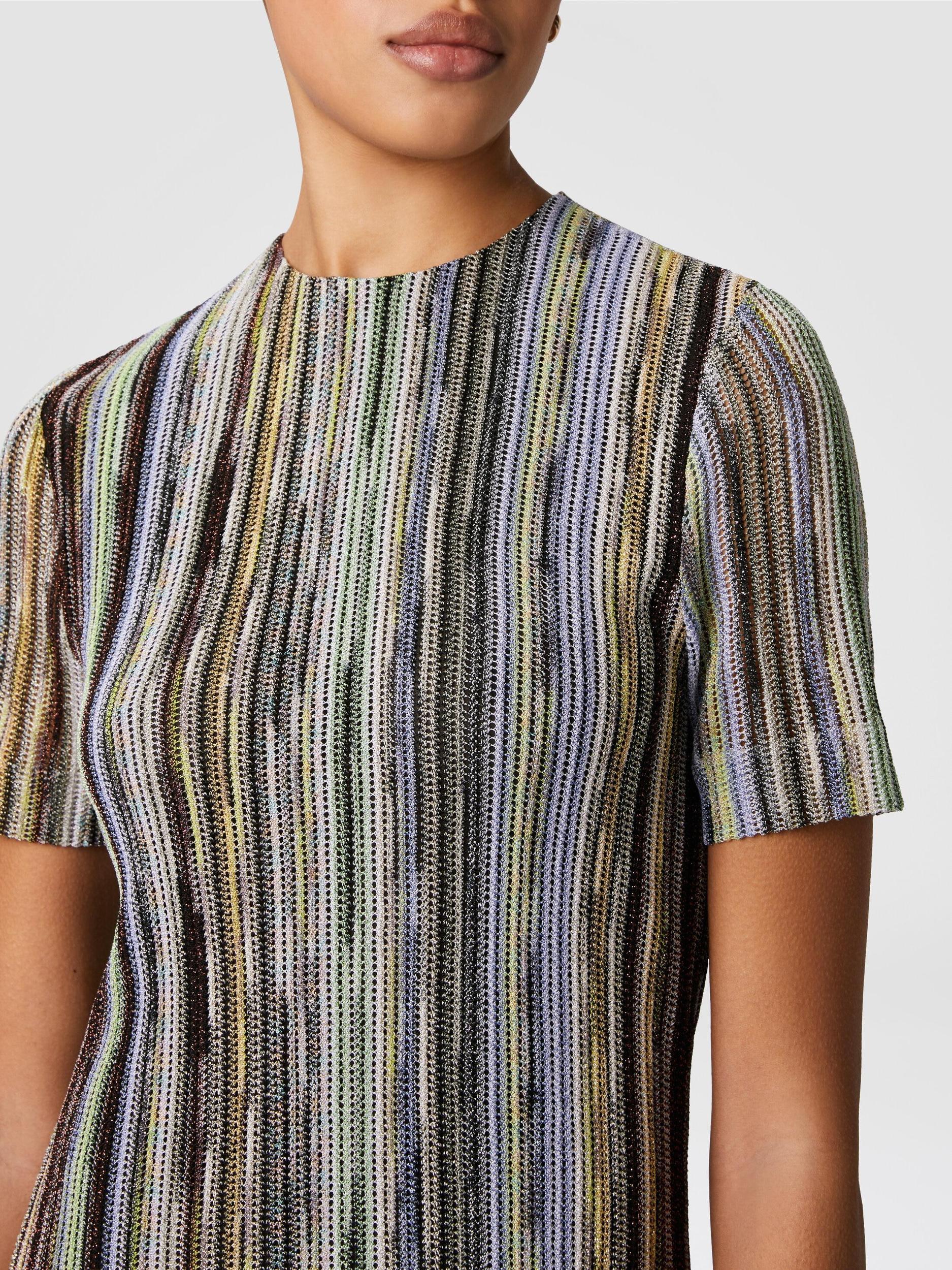 Short-sleeved mini-dress in striped lamé slub viscose Product Image