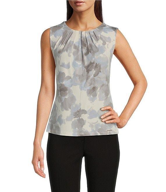 Calvin Klein Floral Printed Matte Jersey Pleated Crew Neck Cami Product Image
