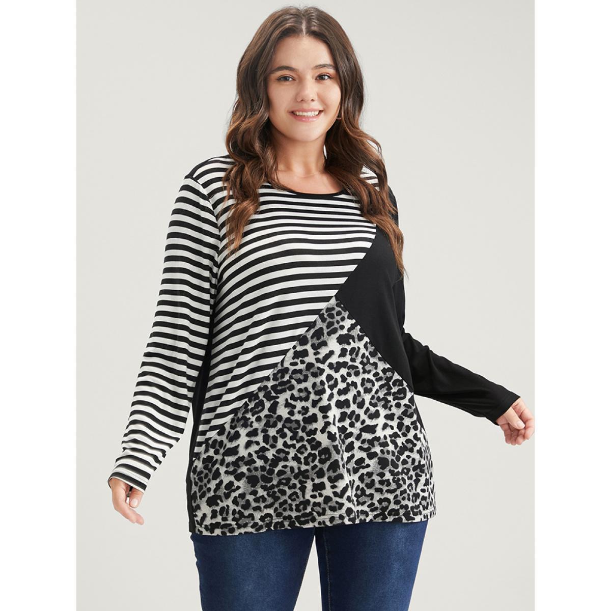 Plus Size Leopard Striped Contrast Round Neck Long Tee Black Women Casual Patchwork Leopard Round Neck Dailywear T-shirts BloomChic 30/6X Product Image