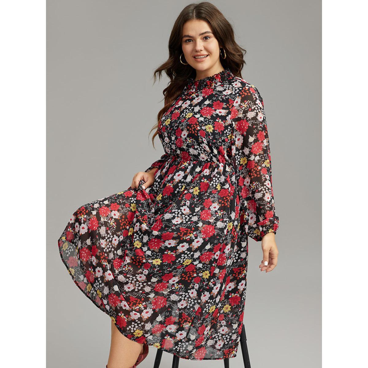 Plus Size Chiffon Floral Print Shirred Elastic Cuffs Dress Black Women Elegant Elastic cuffs Mock Neck Long Sleeve Curvy Midi Dress BloomChic 26/4X Product Image