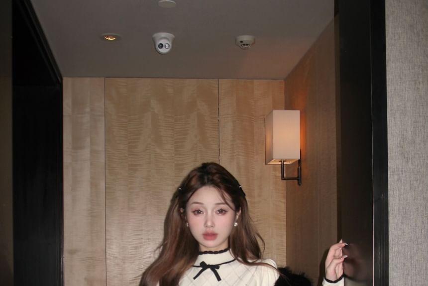 Plain Fluffy Crop Jacket / Long-Sleeve Mock Neck Bow Accent Contrast Trim Knit Top / High Rise Lace Trim Velvet Mini A-Line Skirt Product Image