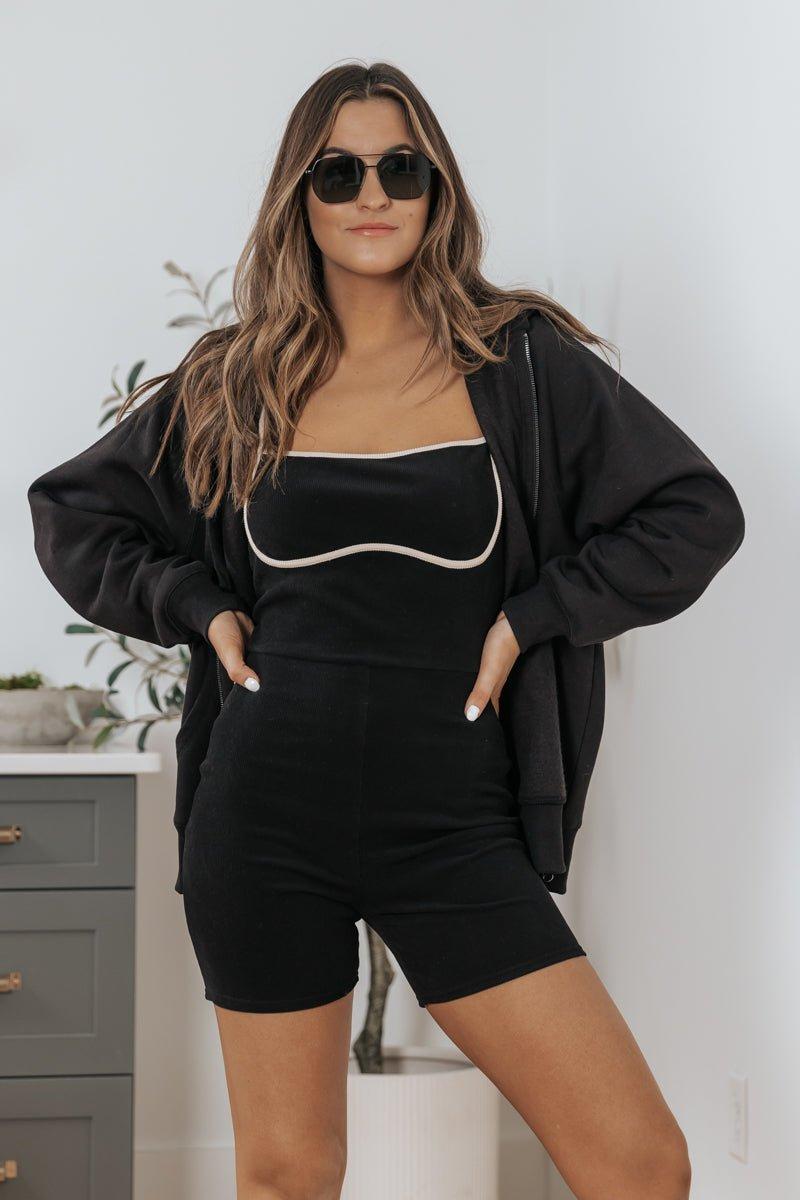 Black Contrast Ribbed Romper - FINAL SALE Product Image