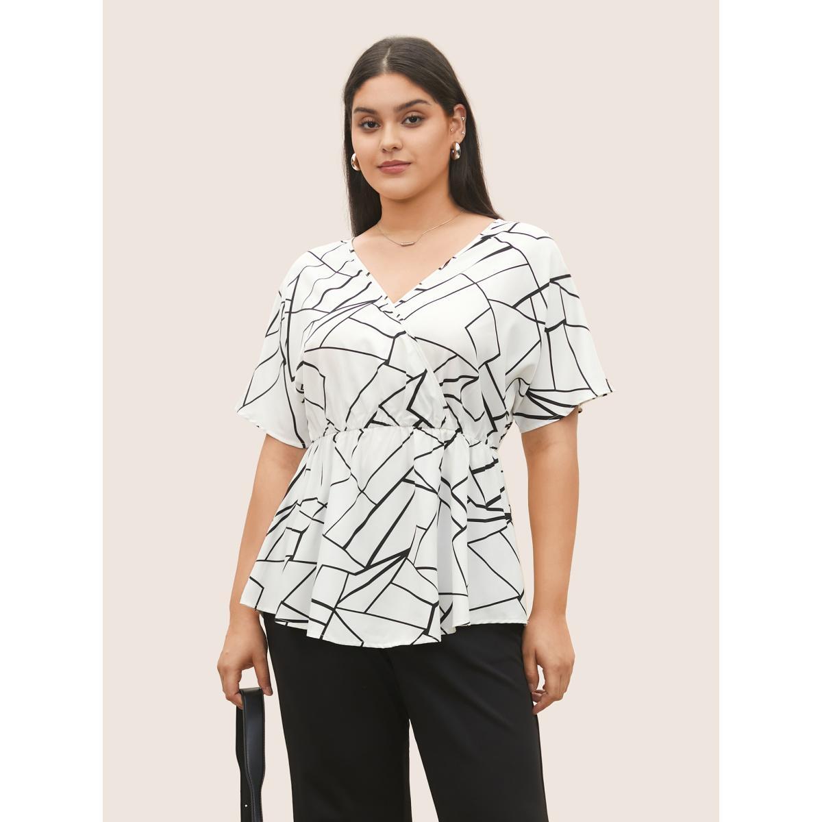 Plus Size Ivory Geometric Overlap Collar Ruffle Sleeve Blouse Women At the Office Short sleeve Overlap Collar Work Blouses BloomChic 12/L Product Image