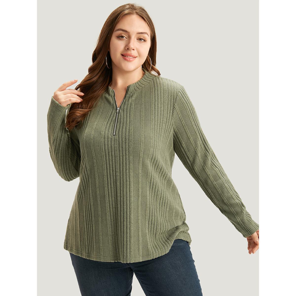 Plus Size Plain Rib Knit Half Zip T-shirt Green Women Casual Texture Plain Open Front Dailywear T-shirts BloomChic 10/M Product Image