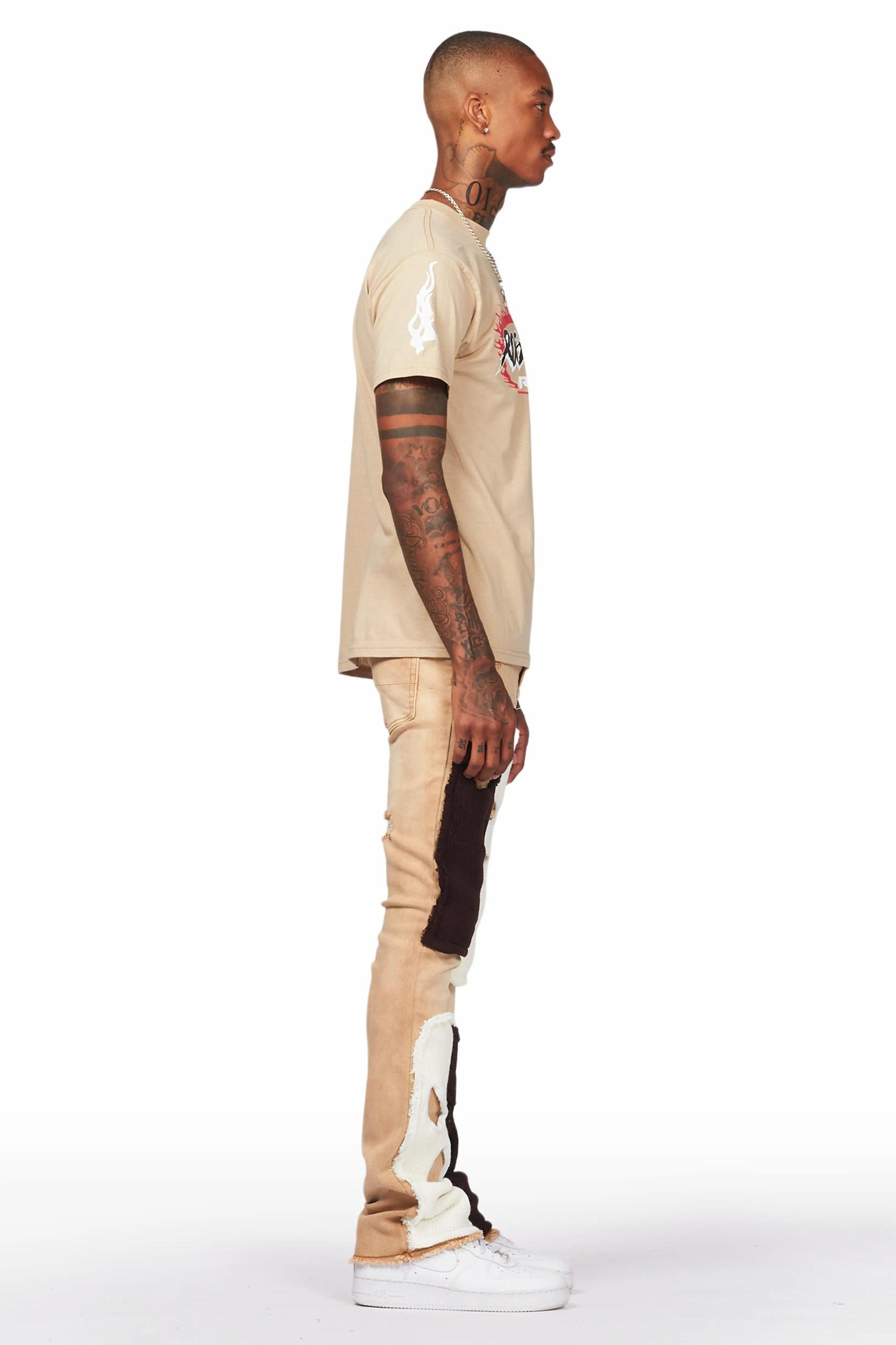 Destry Tan Patchwork Stacked Flare Jean Male Product Image
