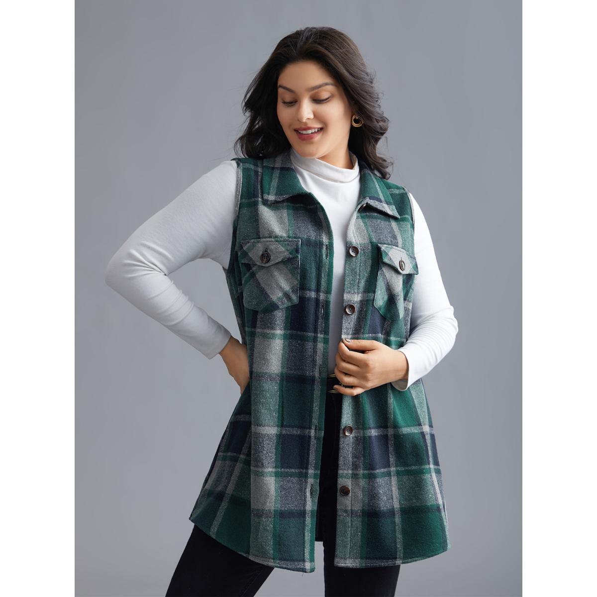 Plus Size Plaid Flap Detail Sleeveless Jacket Women DarkGreen Button Side seam pocket Everyday Jackets BloomChic 22-24/3X Product Image