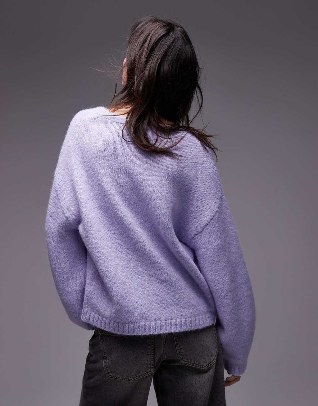 Topshop knitted oversized v-neck sweater in lilac Product Image