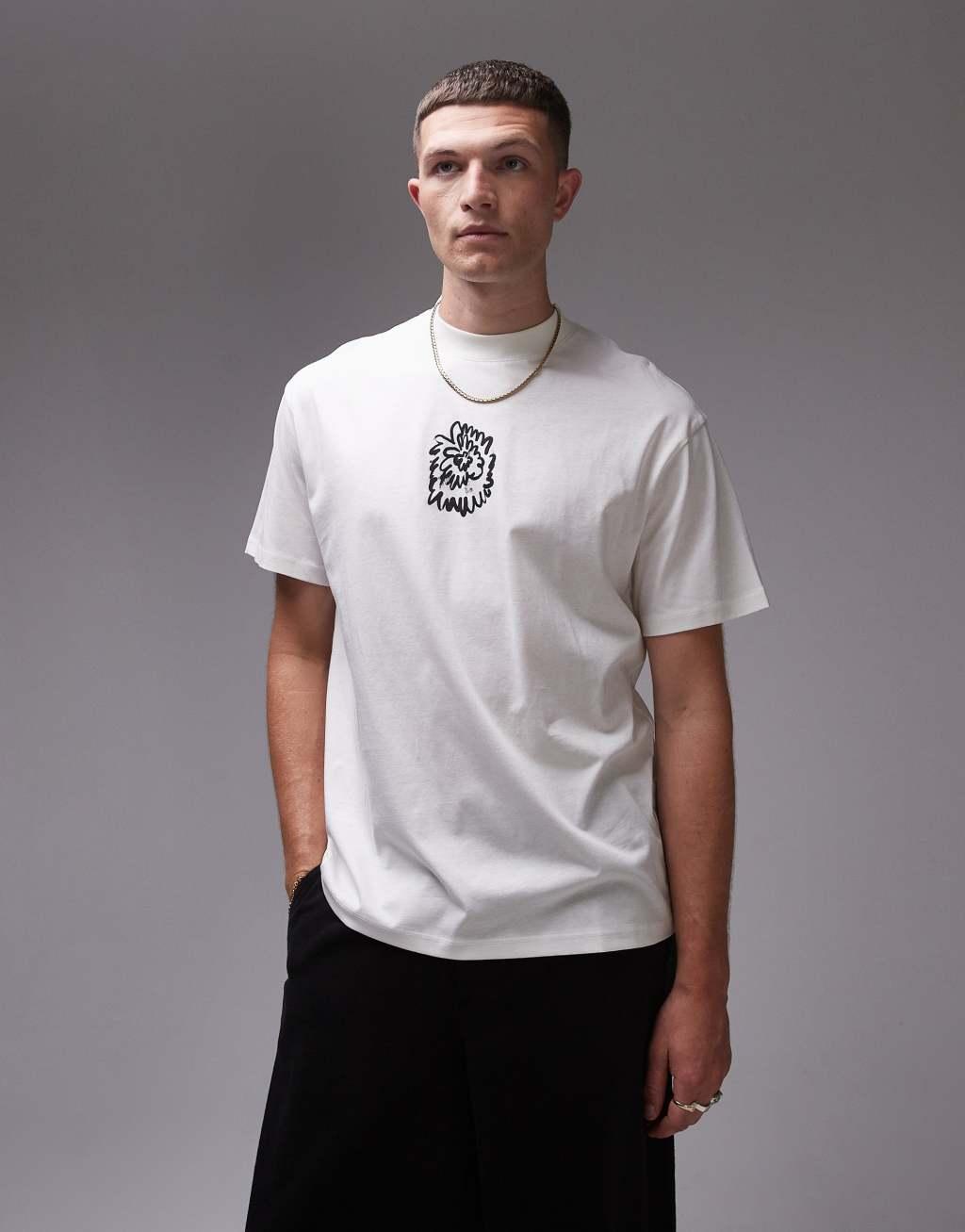 Topman oversized fit t-shirt with front and back painted floral print in ecru Product Image