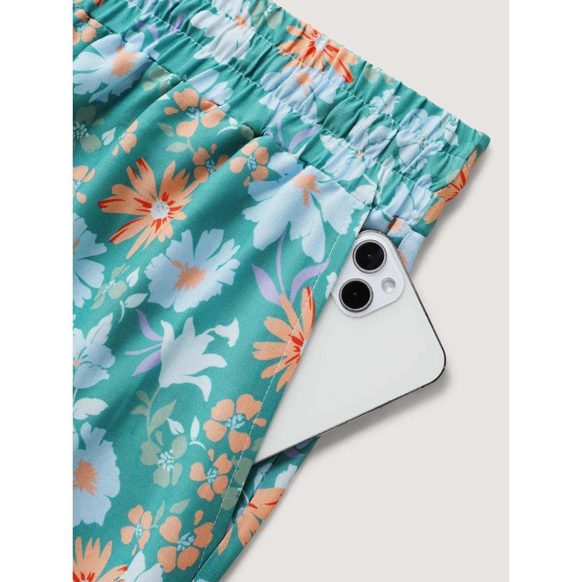 Plus Size Breezy Floral Print Wide-Leg Pants Women Turquoise Elegant Wide Leg Mid Rise Everyday-Elegant Pants BloomChic 30/6X Product Image