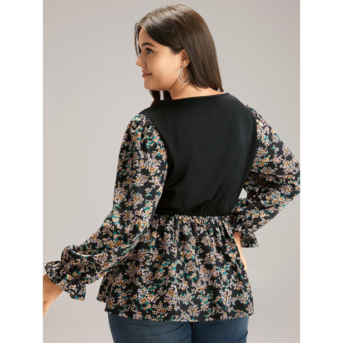 Plus Size Black Ditsy Floral Patchwork Elastic Waist Blouse Women Elegant Long Sleeve V-neck Everyday Blouses BloomChic 28/5X Product Image