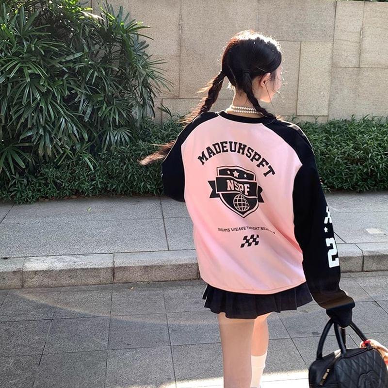Long-Sleeve Crew Neck Lettering Raglan Pullover Product Image