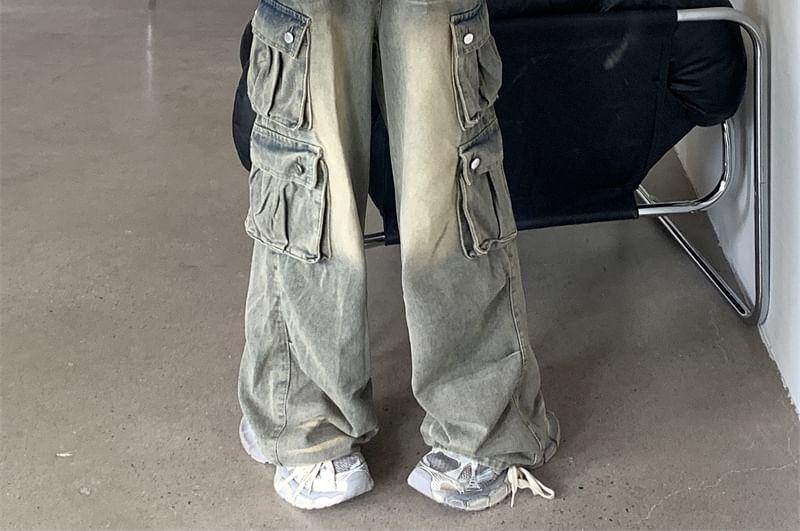 Mid Waist Washed Wide Leg Cargo Jeans Product Image
