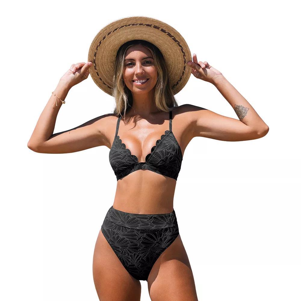 Womens Cupshe Floral Jacquard Scalloped Bralette & High Waist Bikini Set Product Image