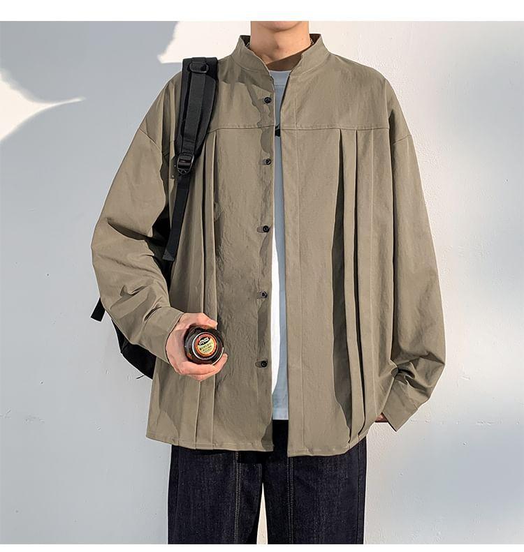 Long Sleeve Band Collar Plain Pleated Shirt Product Image