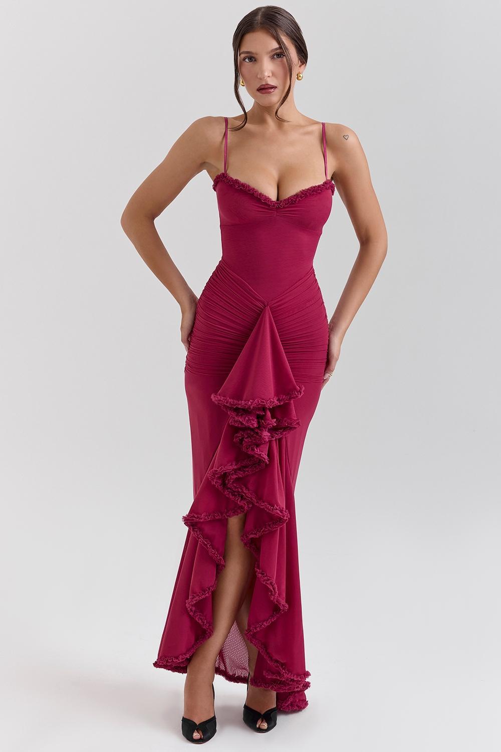 Gabbi Wine Ruffled Front Gown Product Image
