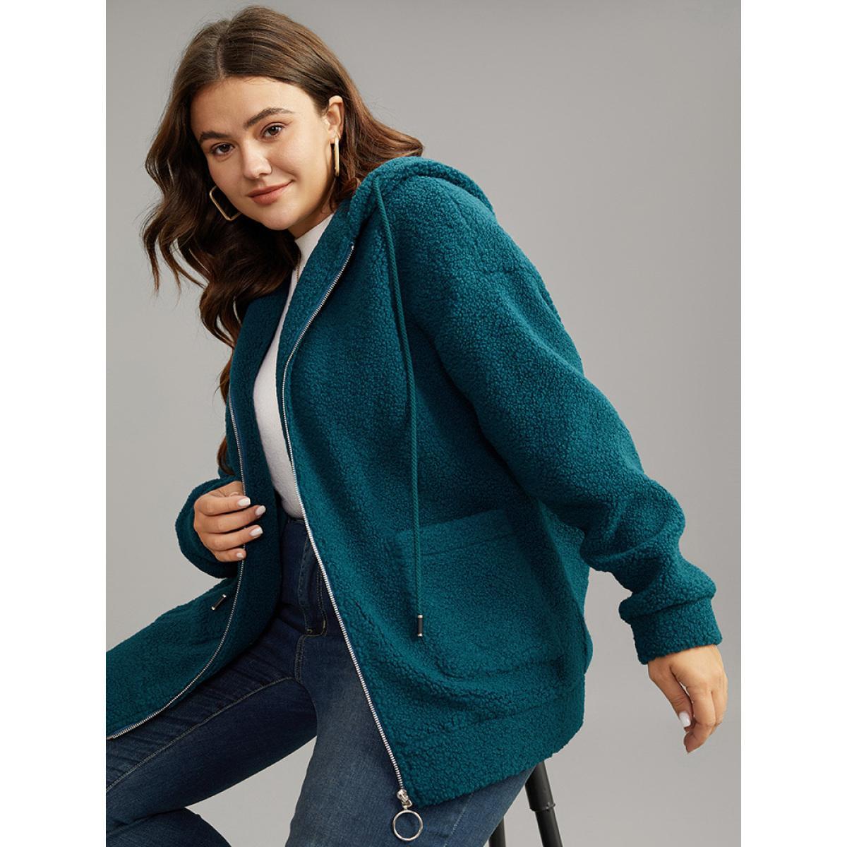 Plus Size Plain Texture O Ring Zipper Hooded Drawstring Jacket Women Aegean Texture Pocket Everyday Jackets BloomChic 30/6X Product Image