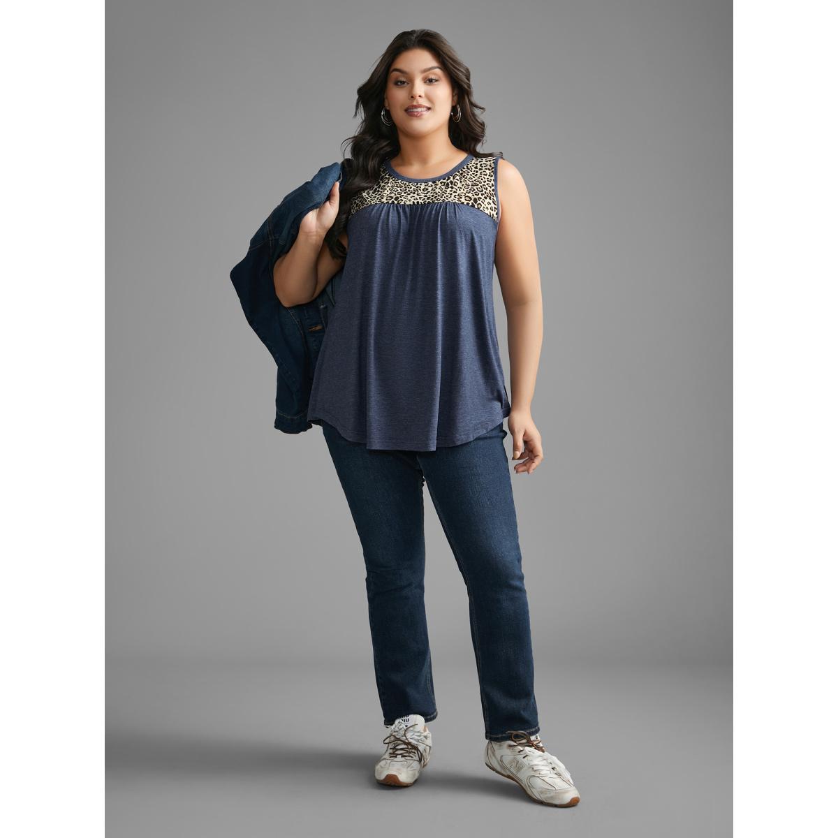 Plus Size Leopard Print Patchwork Gathered Tank Top Women Indigo Casual Gathered Round Neck Everyday Tank Tops Camis BloomChic 12/L Product Image