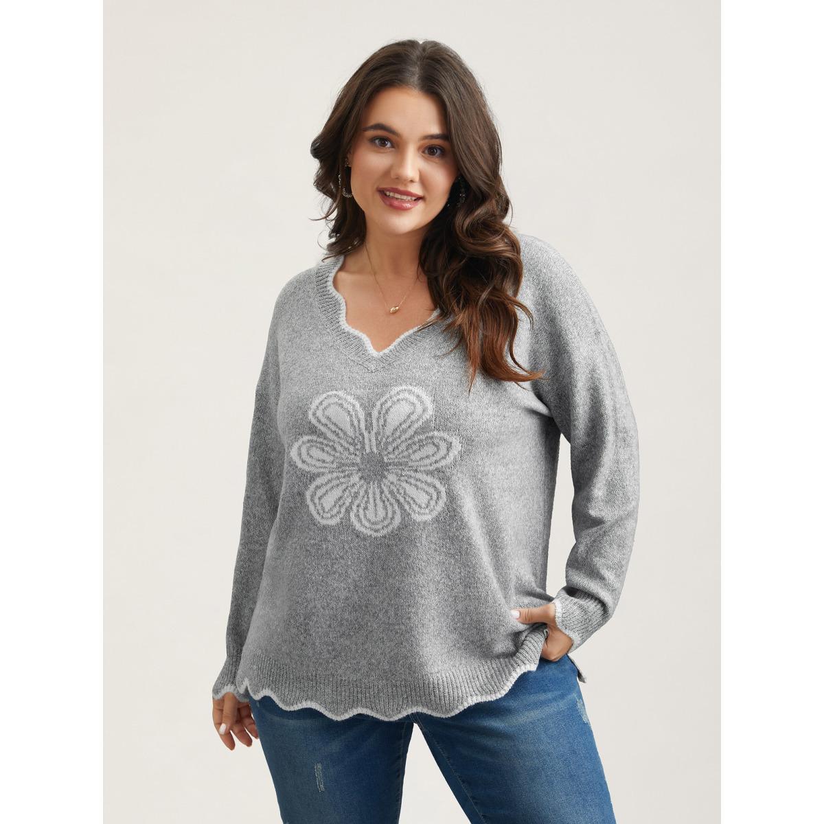 Plus Size Floral Print Jacquard V-Neck Pullover DarkGray Women Casual Loose Long Sleeve V-neck Everyday Pullovers BloomChic 28/5X Product Image