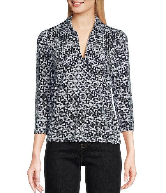 J.McLaughlin Aida Printed Catalina Cloth Collared V-Neck 3/4 Sleeve Top Product Image